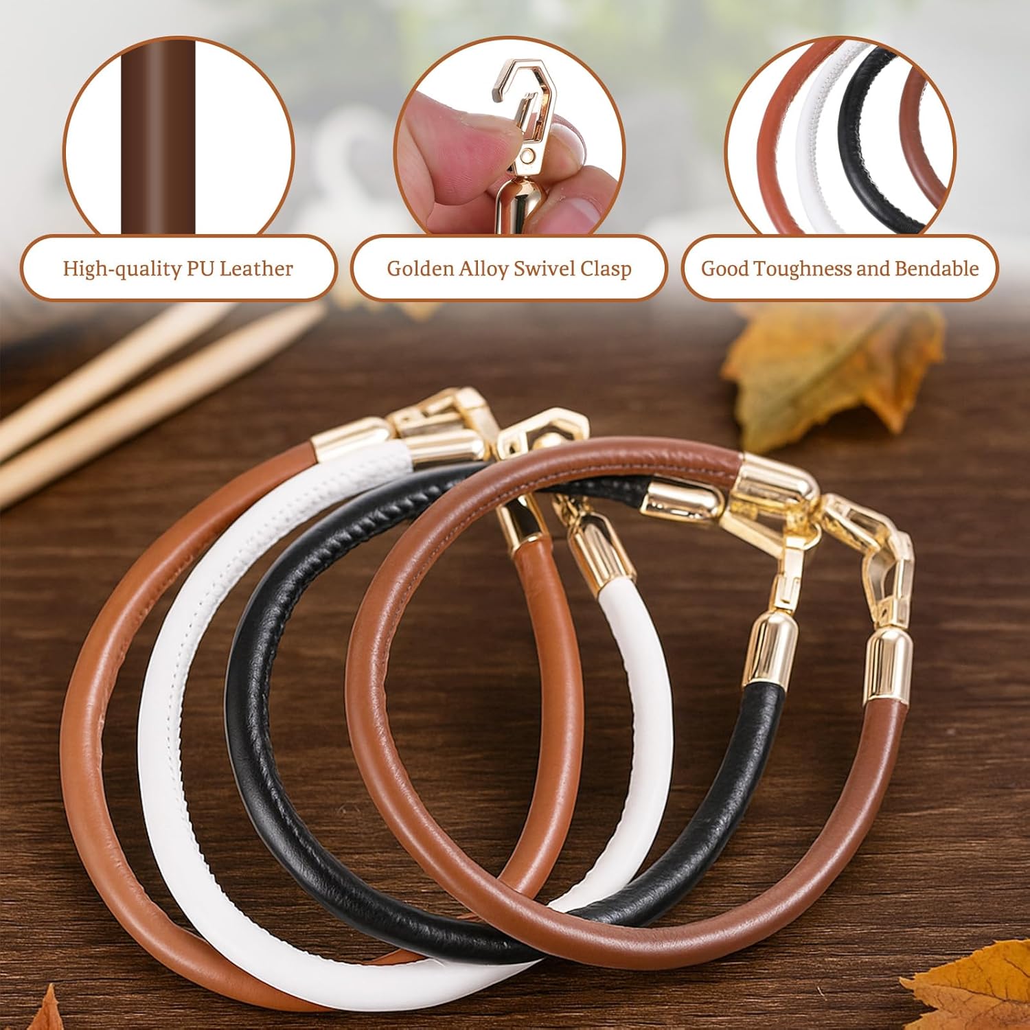 Dimeho 4+8 PCS Crochet Bag Bases with Braided Purse Handles, PU Leather Bag Bottom Oval Knitting Crochet Bottom Shaper Pads for Shoulder Bags Handbag Craft Making DIY - Image 4