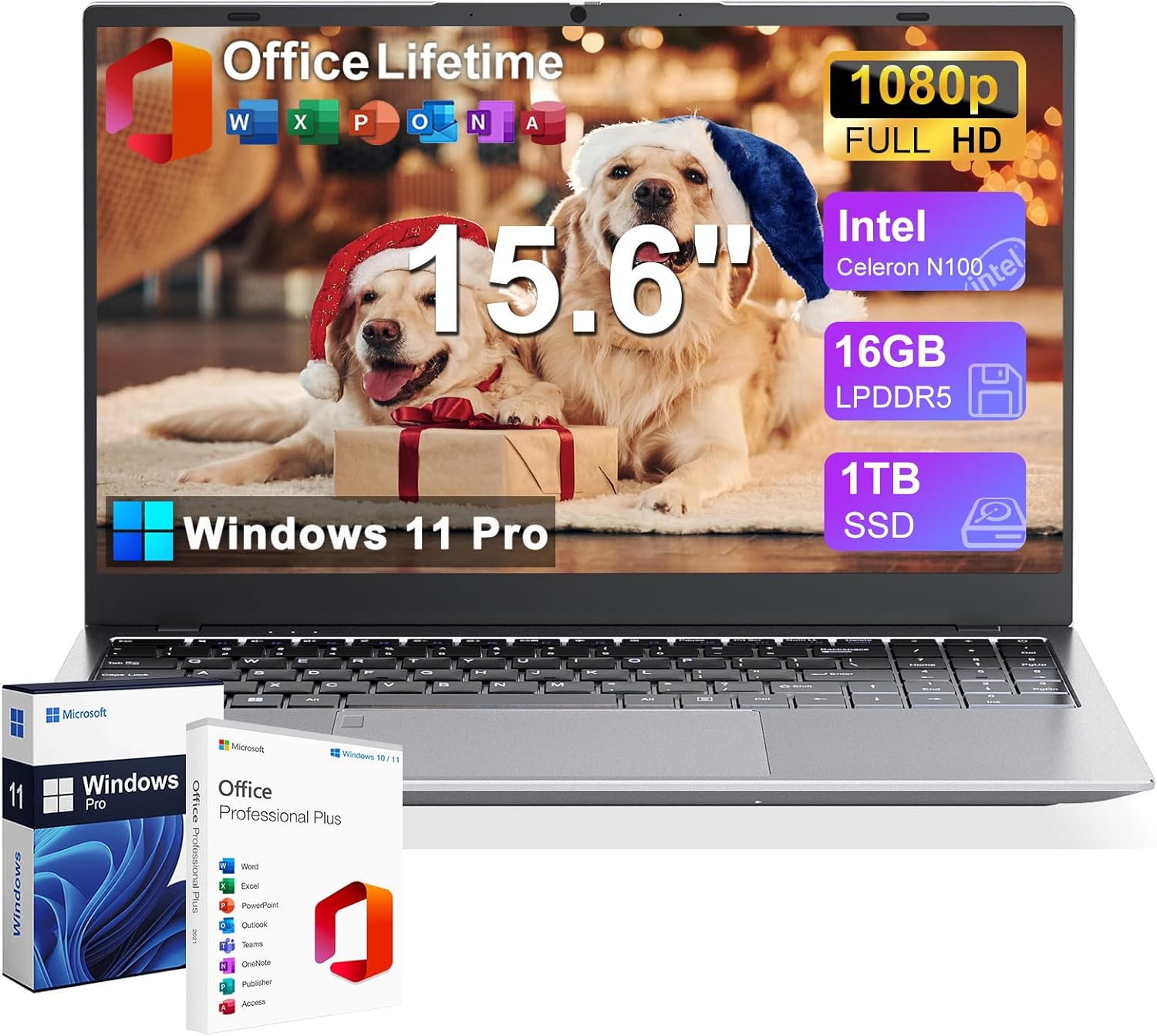 GINA 15 15.6" FHD Laptop Compter, Windows 11 Pro for Students, Intel Quad-Core N100, 16GB DDR5 RAM, 1TB SSD, Free MS Office, Fingerprint, Numeric Keypad, Type-C, HDMI, USB 3.2, 2-Year Warranty