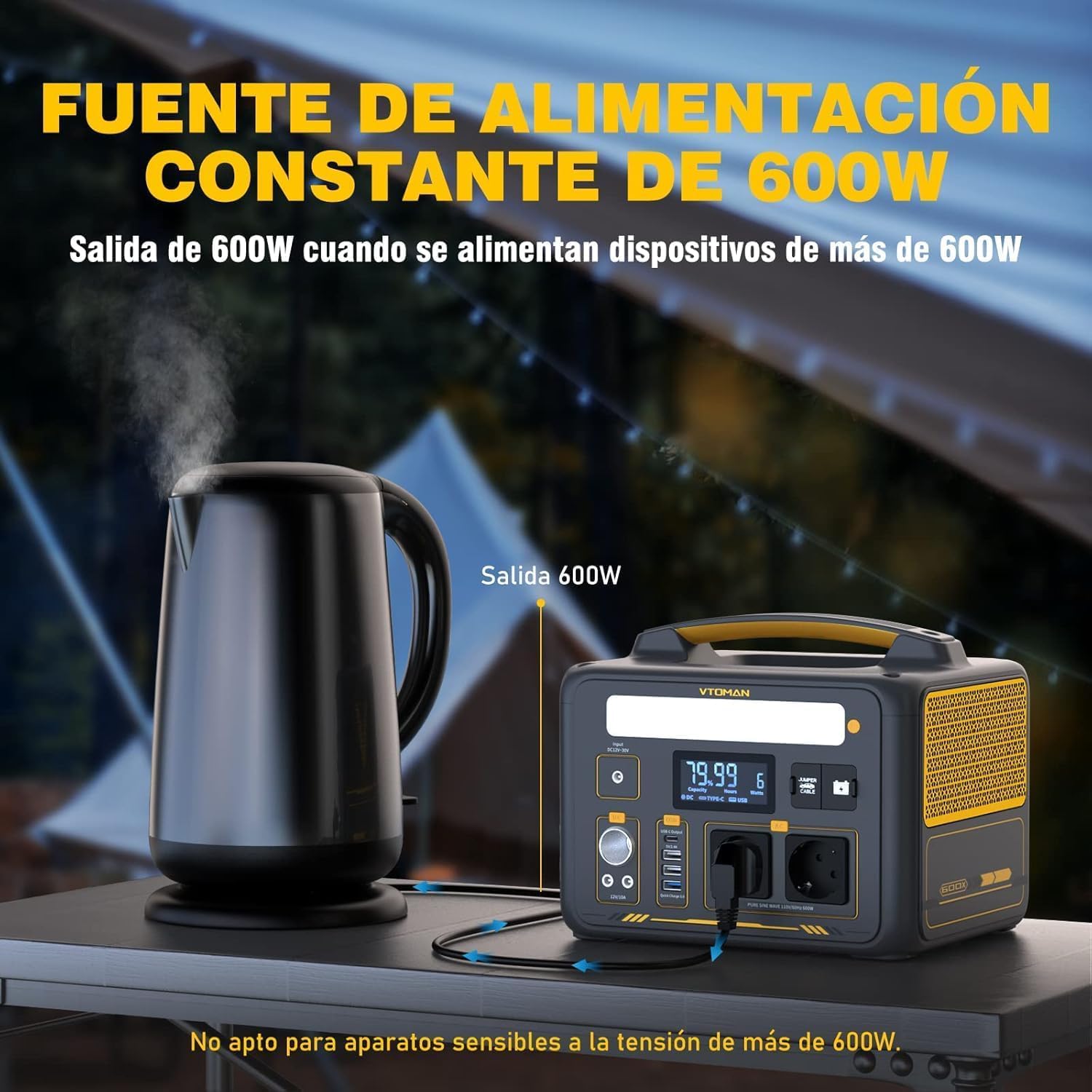 VTOMAN Jump 600X 299Wh Generador Solar, 600W Salida de CA para Apagones | LiFePO4 Batería, Arranque de Coche, Potencia Pico 1200W, LED Linterna, Capacidad Ampliable a 939Wh, Acampadas, Jardín y RV