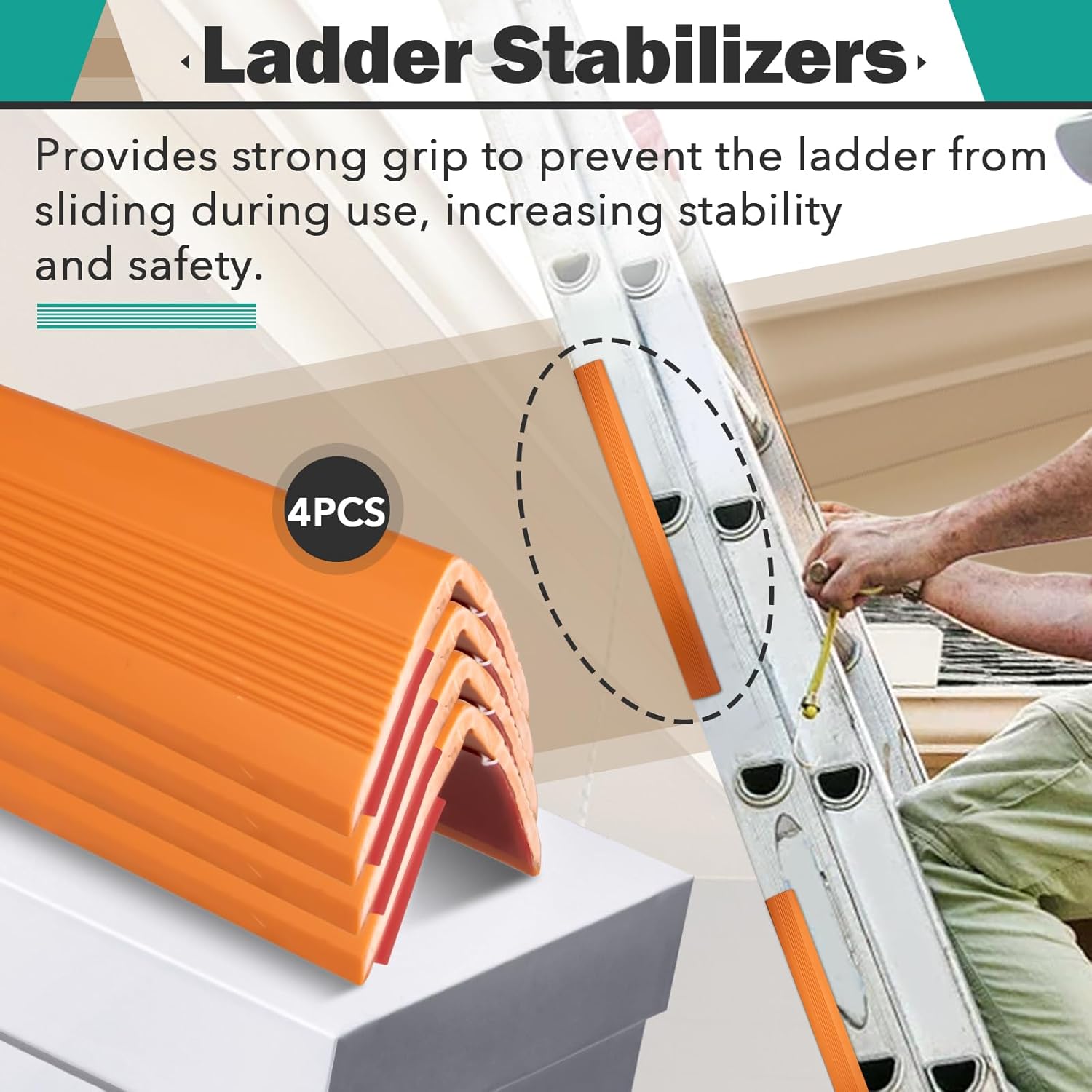4 Pcs Ladder Stabilizer for Gutters & Roof - Ladder Stabilizer Covers Grip Strips Fits Most Ladders, Anti-Slip Ladder Safety Covers Grip Strips for Fall Prevention & Scratch Protection (Orange)