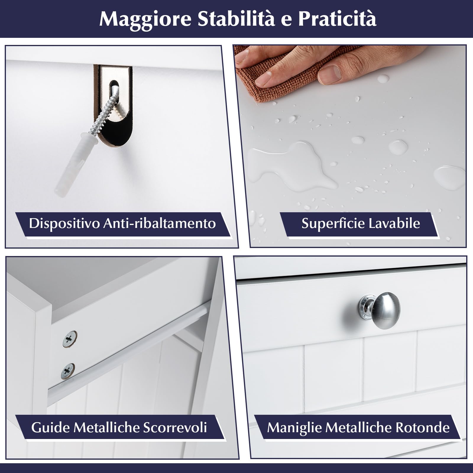 COSTWAY Mobiletto per Biancheria con 2 Cesti Ribaltabili, Mobile da Bagno Indipendente con Ripiano, 2 Cassetti e 2 Sacchi Porta Biancheria Rimovibili, Armadietto in Legno per Bucato (79 x 40 x 80 cm)