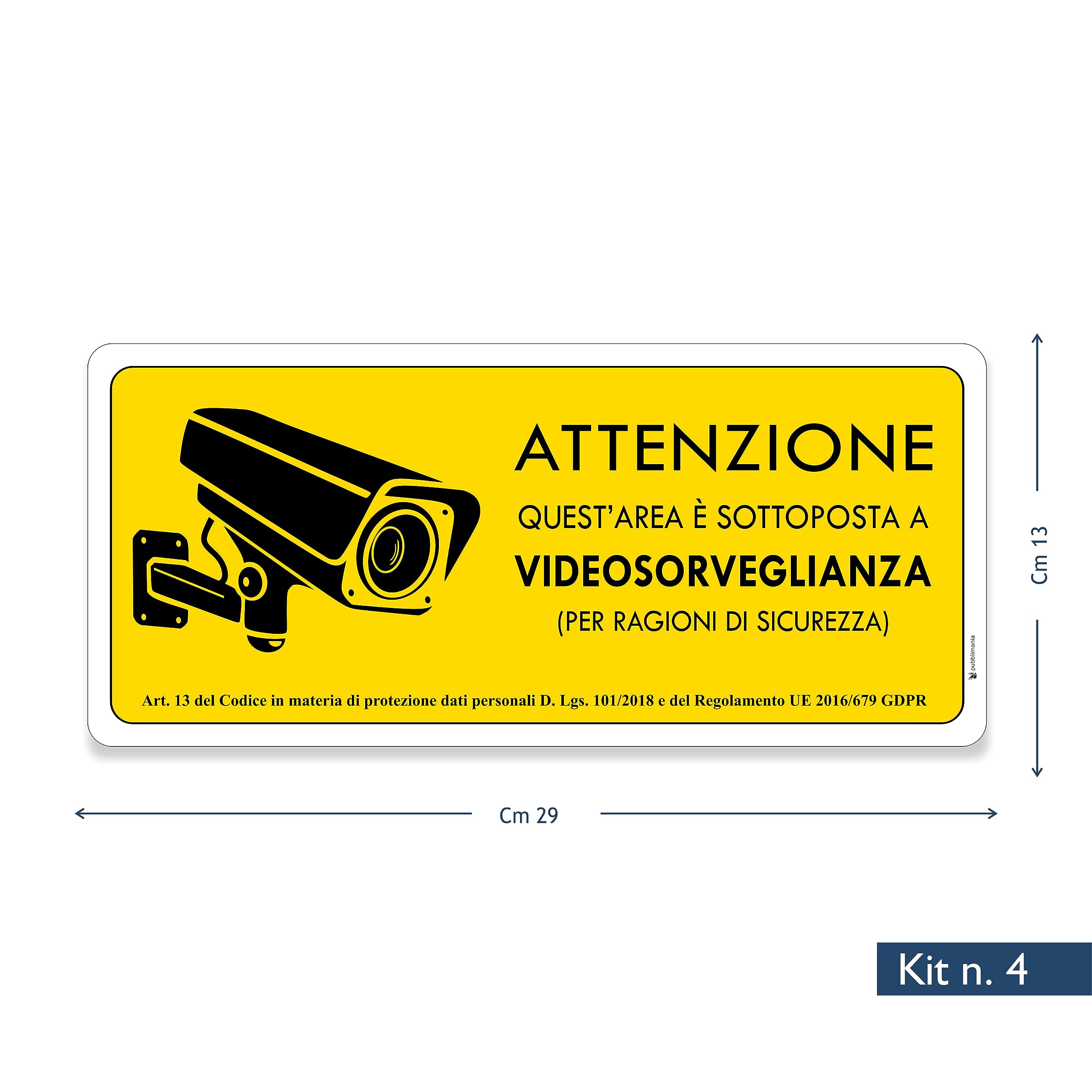 pubblimania 4 Adesivi PVC AREA VIDEOSORVEGLIATA per Esterno e Interno (Cm 29x13) (4 Area Videsorvegliata)