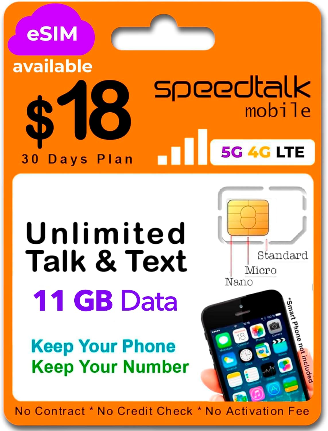 SpeedTalk Mobile Prepaid Wireless Plan for Smart Phones &amp; Cellphones - BYOD - Unlimited Talk, Text &amp; Data 11GB High Speed 5G/4G/LTE Nationawide 30 Day Service Universal SIM Card Included