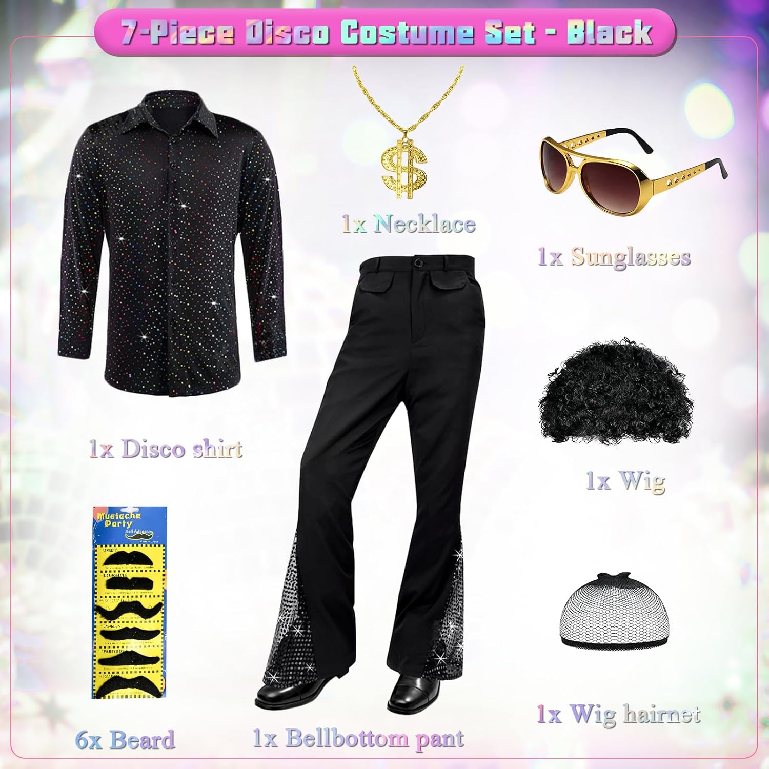 6 Pcs 70s Disco Outfit Costume for Men Dance Bell Bottom Pants Retro Shirts Moustache Sunglasses Wigs Necklace - Image 3