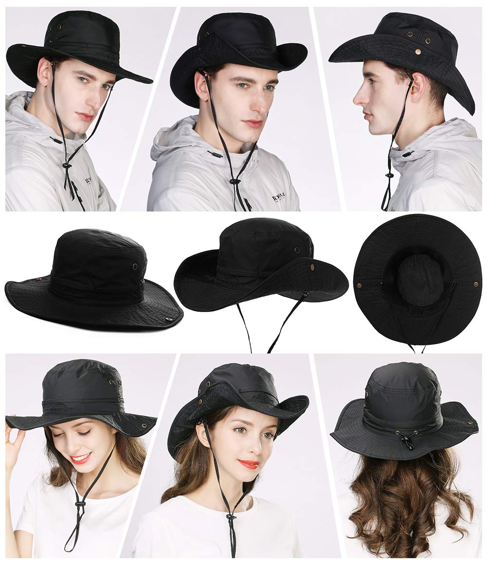 Comhats Chapeaux de soleil UPF 50 à large bord - Maille d'été - Protection UV - Chapeau safari pour la pêche, la randonnée - Chapeaux de boonie avec mentonnière - Imperméable et respirant, 00702_Noir,
