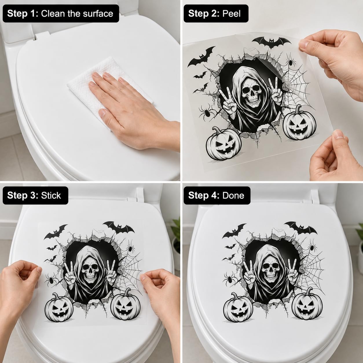Halloween 3D Crack Toilet Decal, Grim Reaper Skull Bat Horror Vinyl Toilet Lid Seat Sticker, Halloween Theme Party Home Bathroom Decor(Skull Bat)