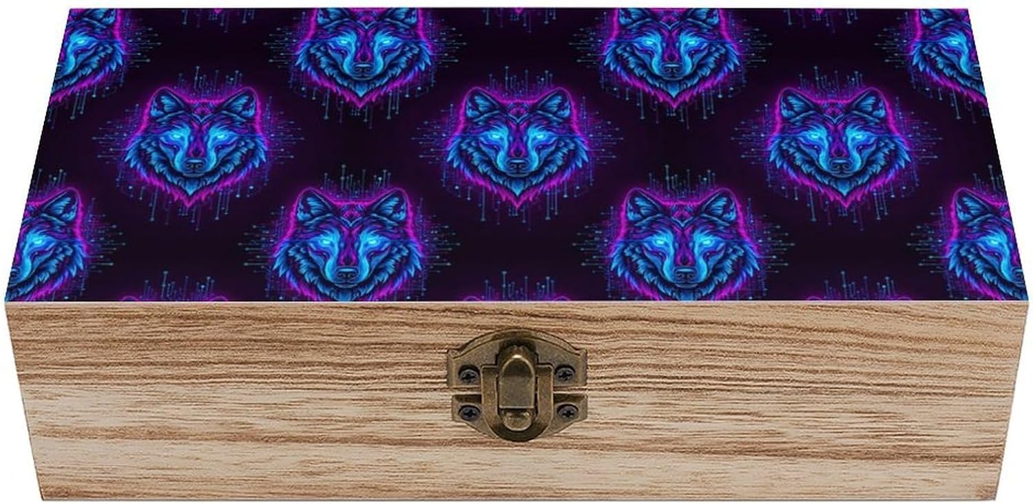Rectangle Keepsake Storage Box, Decorative Wooden Organizer with Hinged Lid Neon Wolf, Jewelry Case for Birthday Home Decoration