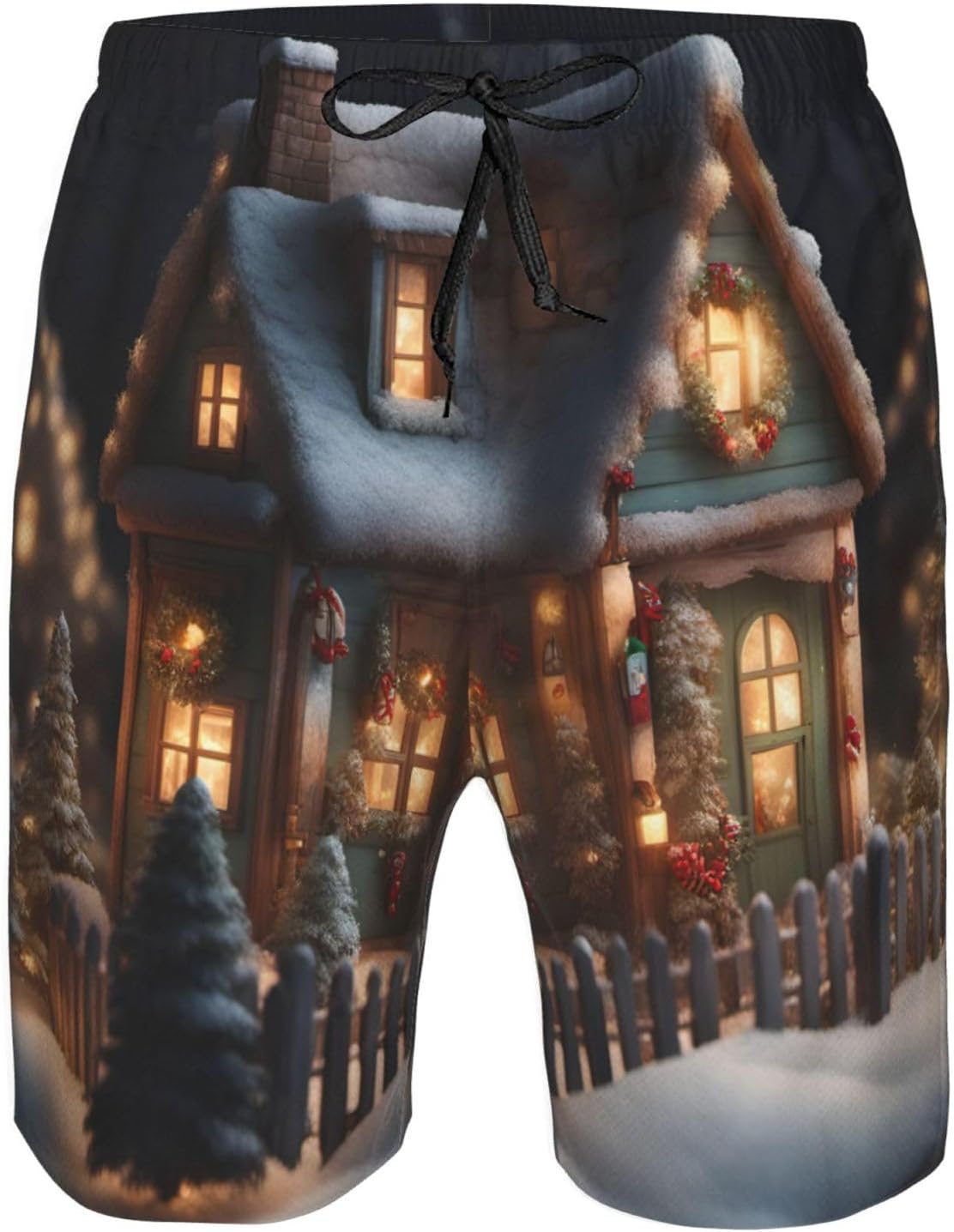 Mens Christmas Village House Print Beach Shorts,Casual Summer Shorts for Men,Quick Dry Polyester