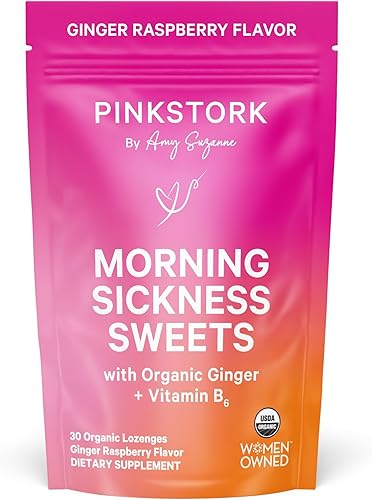 Pink Stork Dulces para las enfermedades matutinas: caramelo de jengibre y frambuesa para embarazo, náuseas, digestión, 100% orgánico + vitamina B6,