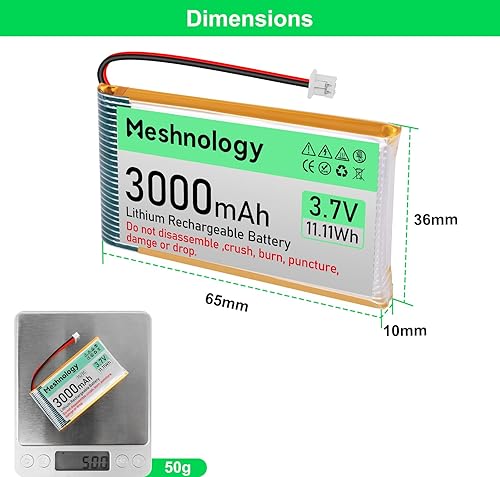Miniatura 3 de Batería Li de 3.7 V 3000 mAh con cable de cargador USB 103665 1S Batería LiPo con placa de protección, cinta de goma aislada y enchufe micro JST