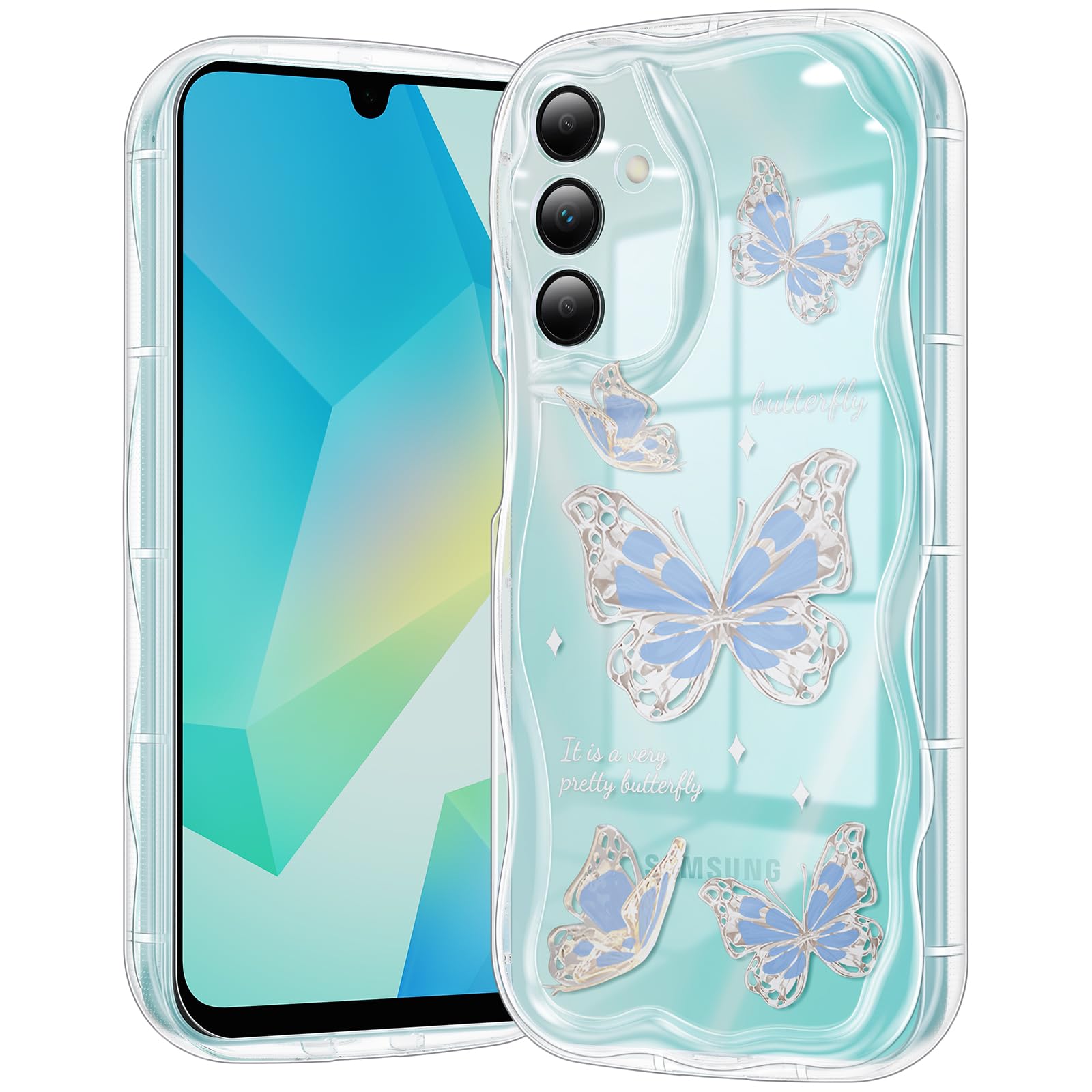 CASBST Compatible for Samsung Galaxy A16 5G Case, Pretty Butterfly Print Three-dimensional Wave Clear Case for Girls Women, Soft Full Package Anti-fall Cover for Galaxy A16 5G, Water Blue Butterfly