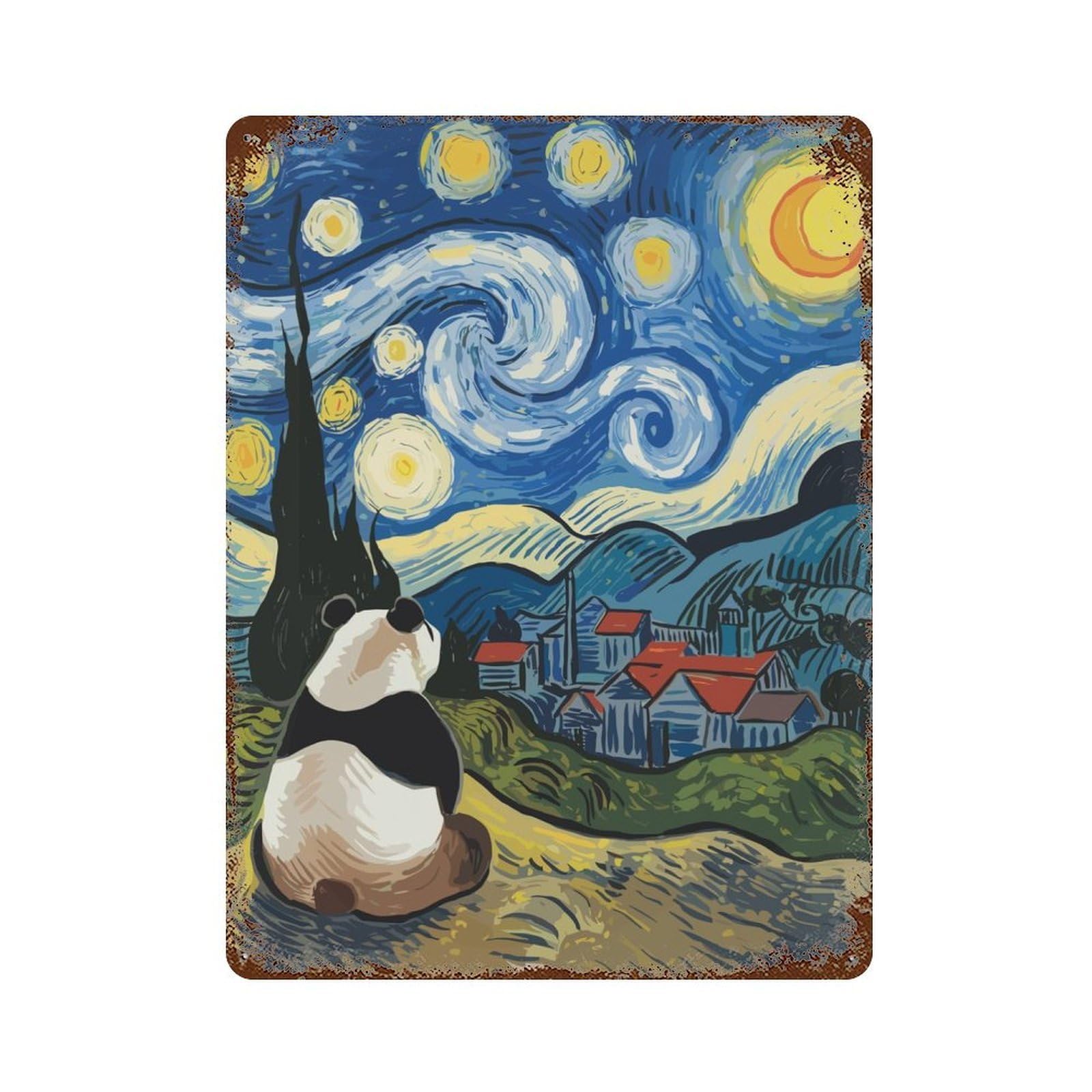 Rust Effect Panda Starry Night Vintage Rust Metal Sign 15.7"x11.8", Vintage Wall Decor for Garage, Bar And Workshop Decor