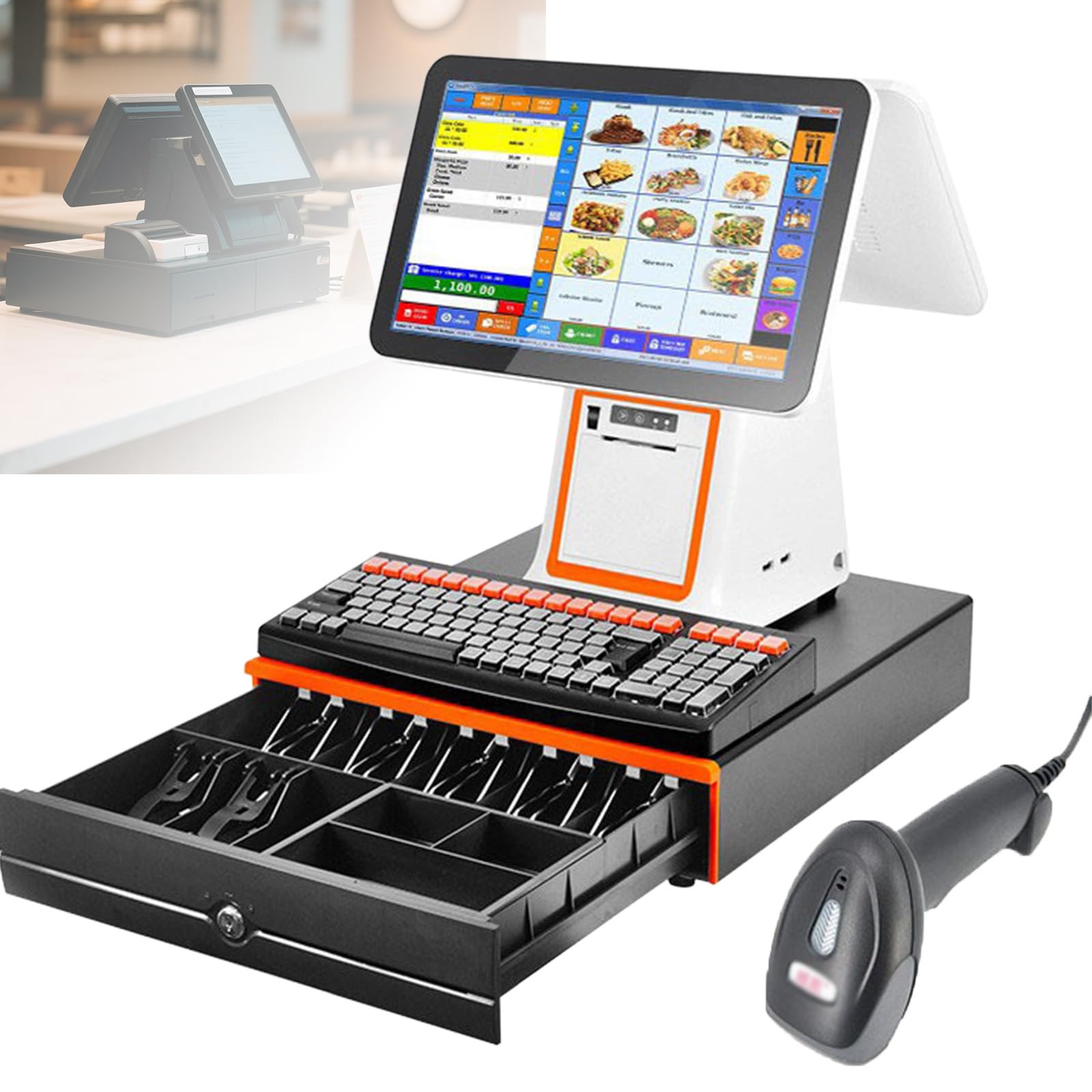 All-In-One-Smart-Kassen-Pos-System, Kassensystem Für Gastronomie & Einzelhandel, 15,6-Zoll-Verkaufskasse Mit Dual-Touchscreen, Für Pc-Pos Für Einzelhandel Und Gastronomie White-B