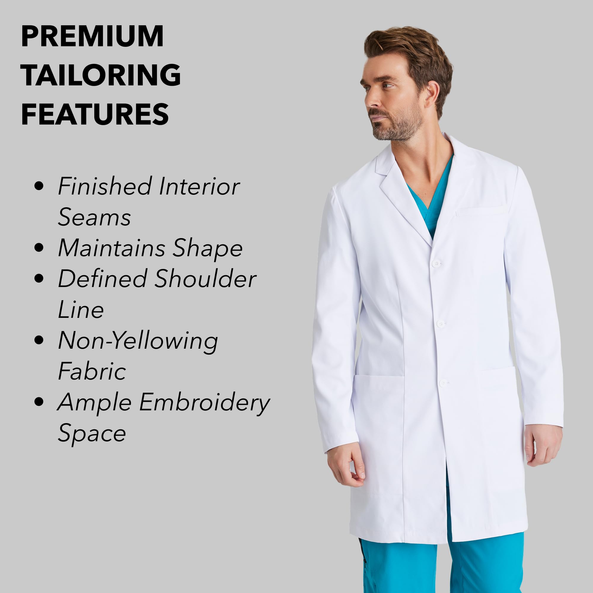 BARCO Verse - Abrigo de laboratorio para hombre, profesional, 3 bolsillos, cierre de 3 botones, manga larga, 96,5 cm