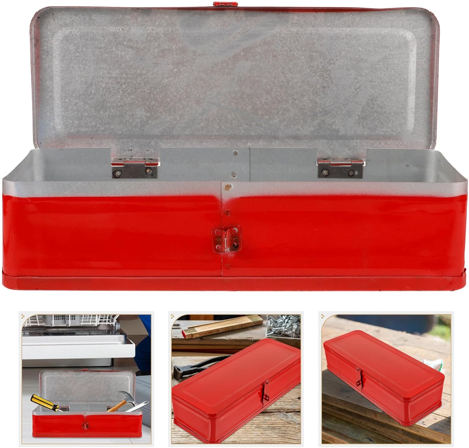 UKCOCO Portable Metal Tool Box Heavy Duty Tool Organizer Box Iron Sheet Toolbox Tool Storage Case Lockable Tool Box for Truck Car Trailer Pickup Underbed Red, 34.00X13.00X8.00CM