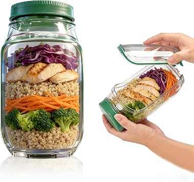 Side Opening Salad Jar To-Go Lunch Container Leakproof Layered Design with Built-In Salad Dressing Container, Reusable BPA-Free Food Jar for Office, Picnic, Travel & Healthy Meal Prep