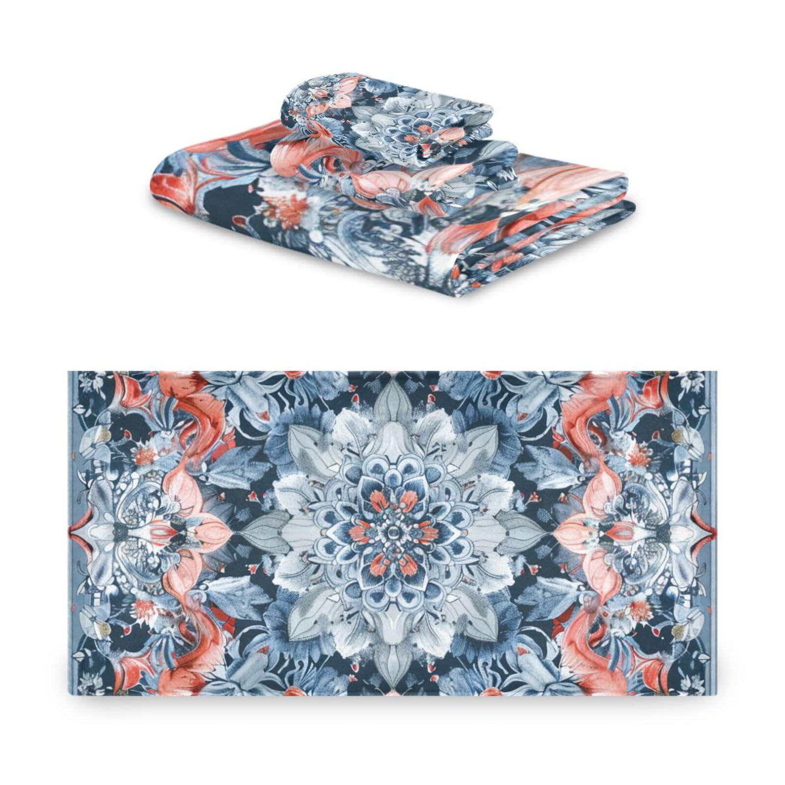 Set di 3 asciugamani decorativi per il viso in stile bohémien, motivo floreale, blu, 1 asciugamano da bagno, 1 asciugamano, 1 panno per la casa, cucina e famiglia