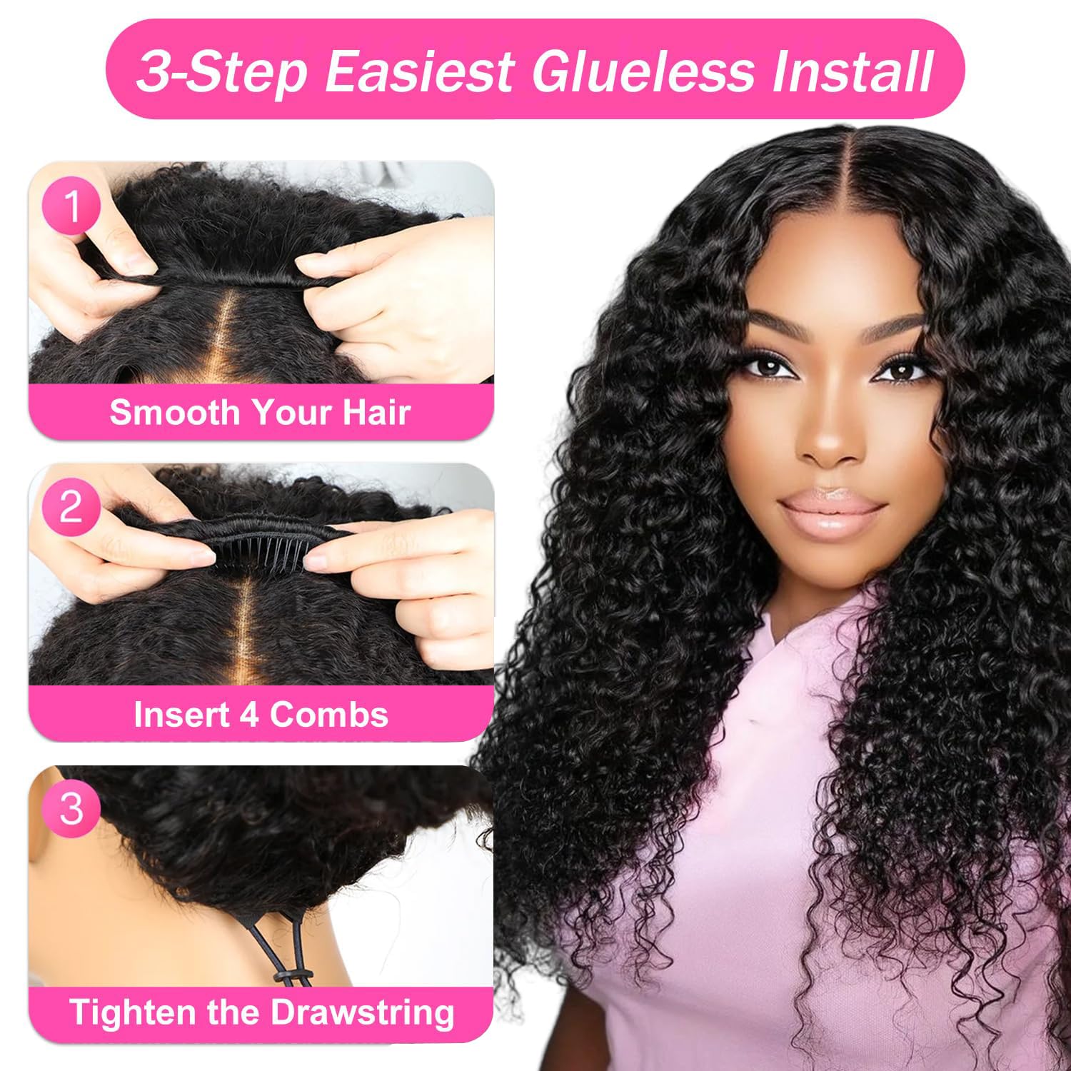 Kinky Curly Human Hair Half Wig 100% Human Hair 200 Density Glueless Wigs Ready to Go 3 In 1 Seamless Flip Over Drawstring Headband Wig for Black Women Clip in No Sew In 20 Inch
