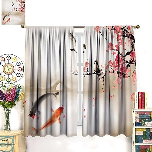 Miniatura 8 de Cortinas con pintura de tinta Koi Fish para dormitorio, puente de flor de cerezo rojo primavera, paisaje romántico, cortinas de ventana impresas de