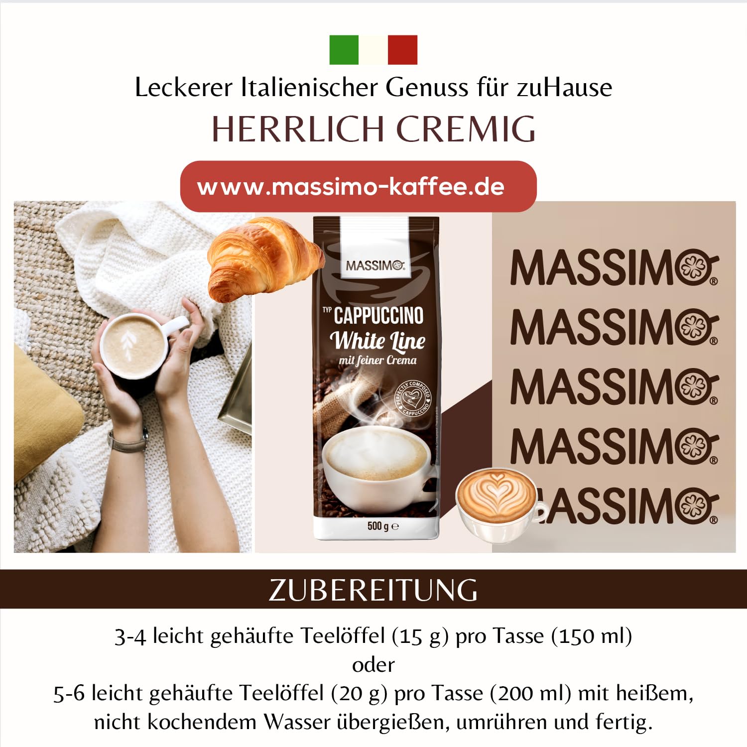 Massimo Cappuccino White Line 10 x 500 g z delikatną kremową – ekonomiczne opakowanie/aromatyzowany proszek do napojów z rozpuszczalnym cappuccino w proszku, wyjątkowo mleczny i kremowy