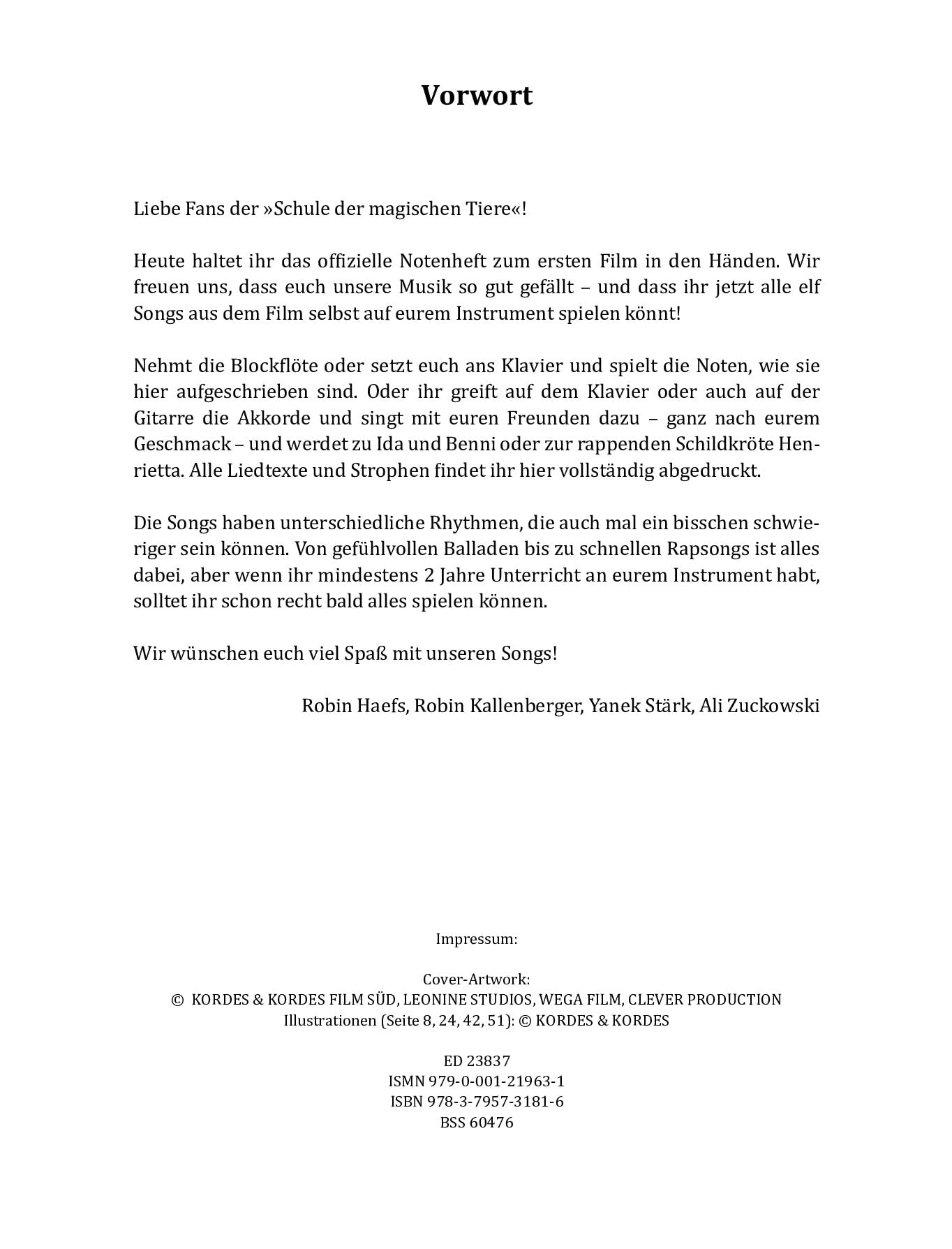Die Schule der magischen Tiere: Das Songbook zum Film. 1. Gesang/Blockflöte, Klavier. Spielbuch.