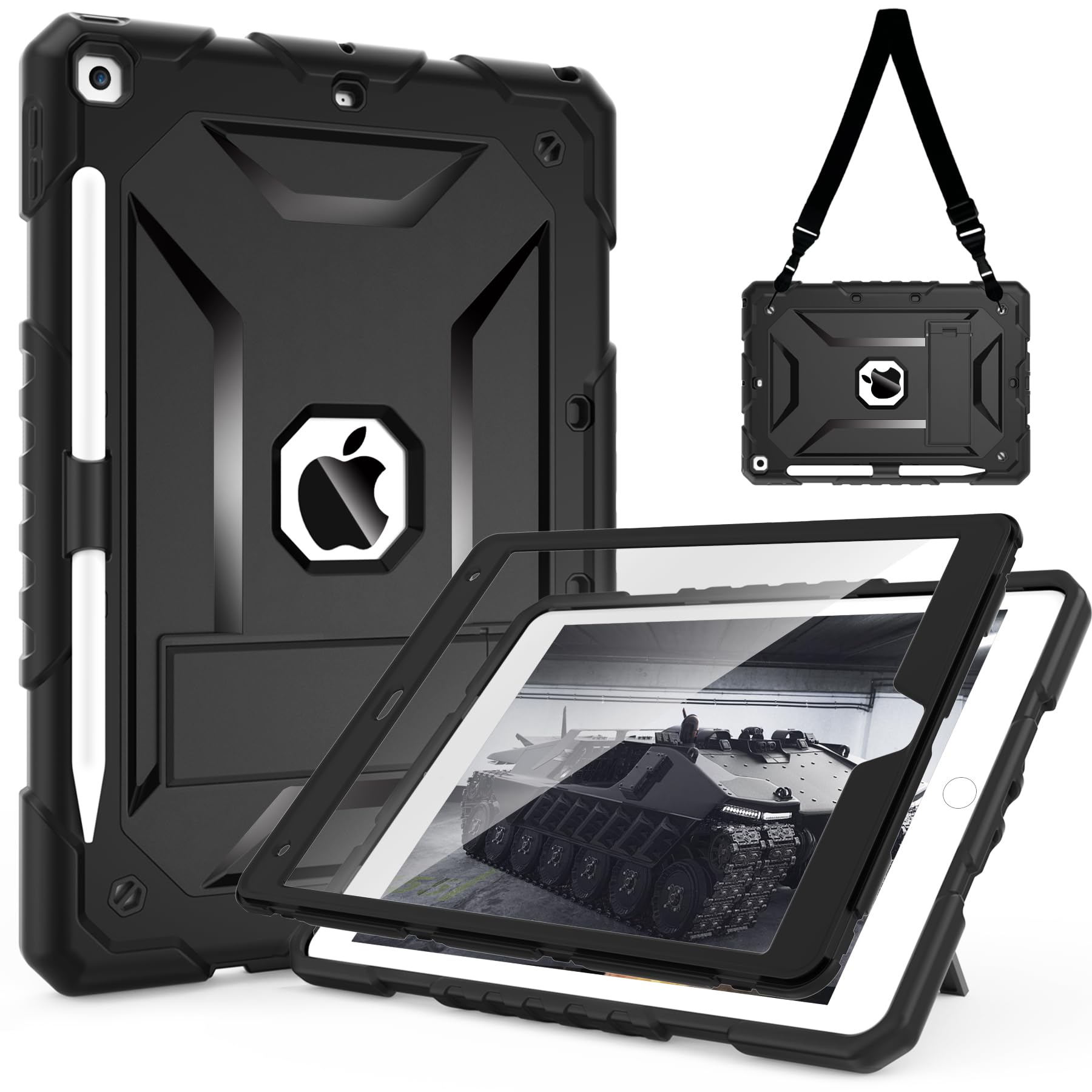TIMISM Case for iPad 9th/8th/7th Generation(10.2 inch)-Complete Protection with Screen Protector, Shoulder Strap, Kickstand and Pencil Holder, Heavy