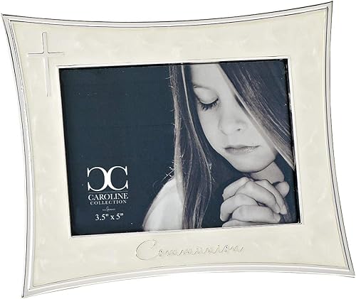 Roman Marco de fotos horizontal para la Primera Comunión de 5.5 pulgadas de alto, colección Caroline, Ivroy con cruz plateada,