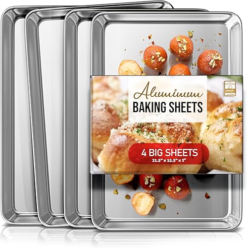 Eatex Juego de 4 bandejas de aluminio para hornear, juego de 4 bandejas para hornear de 21 x 15 pulgadas, juego de bandejas grandes para hornear