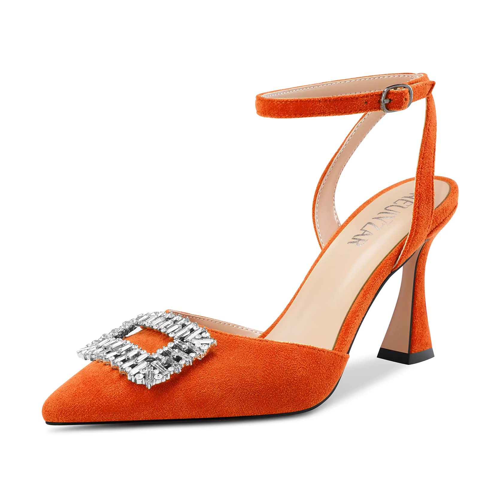 HEUIVZAR Mujer Alto High Chunky Ancho Heel Puntiaguada Punta Sandalias Correa Tobillo Diamante Cristal Cierre con Hebilla de Boda Dress Zapatos