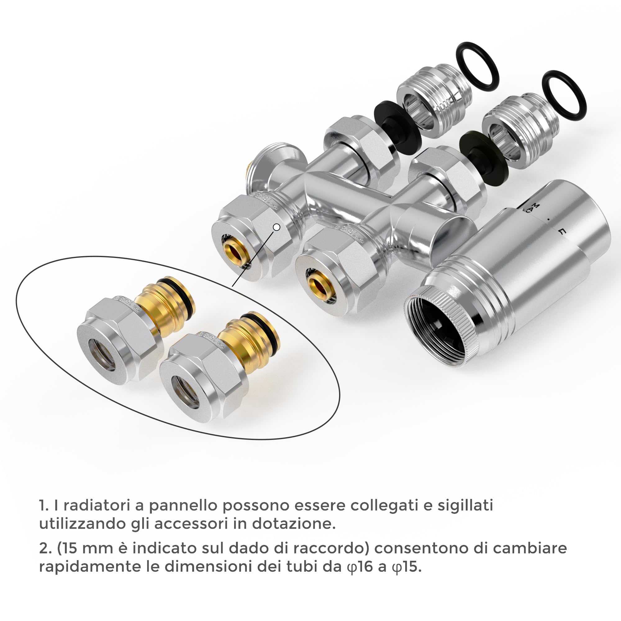 VANCOCO Multiblock con termostato per radiatori 50 mm, distanza mozzo, blocco rubinetto, set di rubinetti valvola a forma di passaggio con cono europeo per tubi in plastica Ø 16 × 2 mm e diametro 15