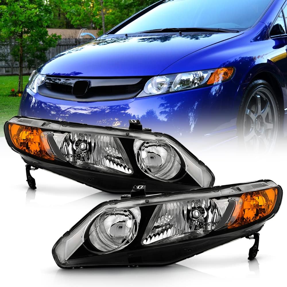 KEEKPO - For 2006 2007 2008 2009 2010 2011 Honda Civic 4-Door Sedan Black Factory Style Headlights Headlamps Left+Right