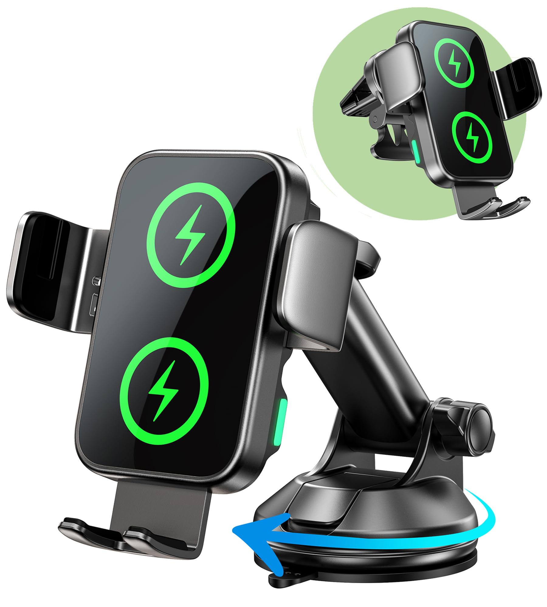 Support Chargeur Voiture Sans Fil 15W – Auto-Serrage, Rotation 360°, Aimant – Compatible IOS/Android