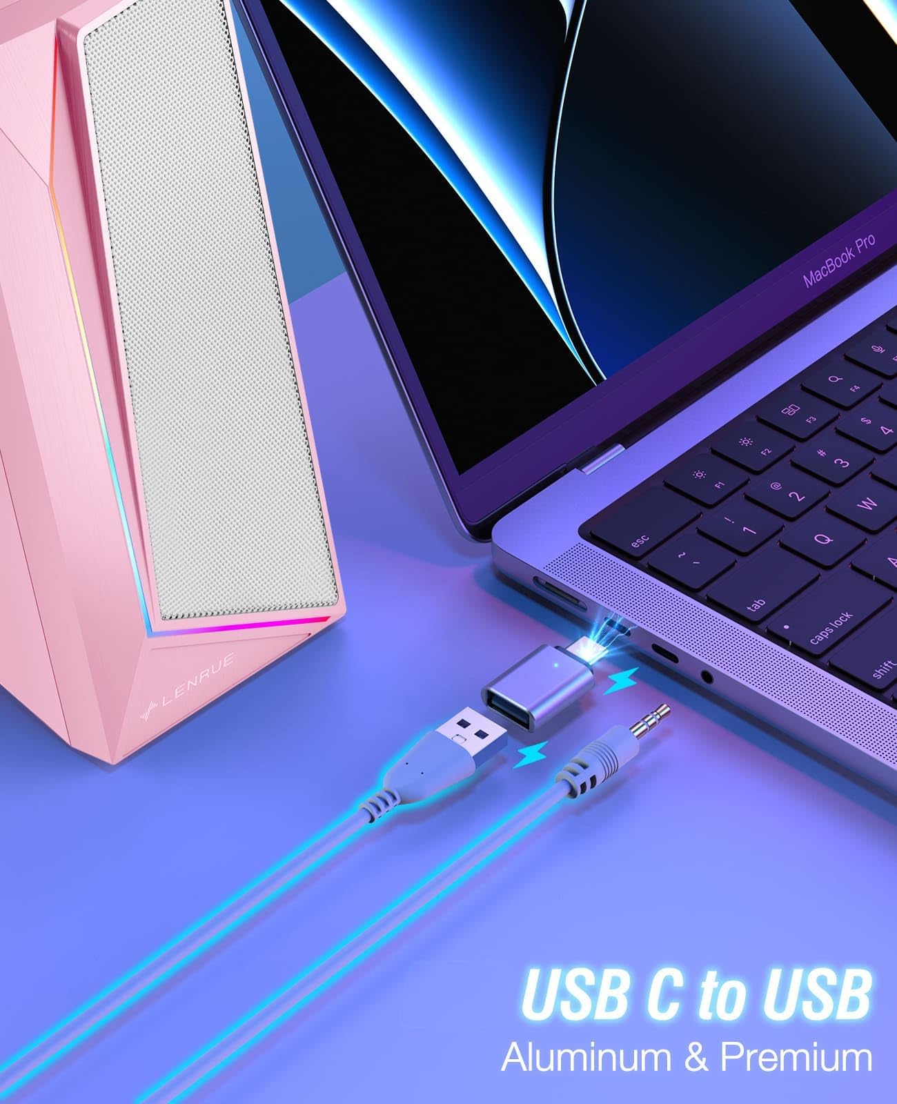 LENRUE Altoparlanti per computer, audio AUX alimentato tramite USB/USB-C per altoparlanti del PC con suono stereo forte, ingresso cuffie, luci touch per desktop, computer, laptop, scrivania