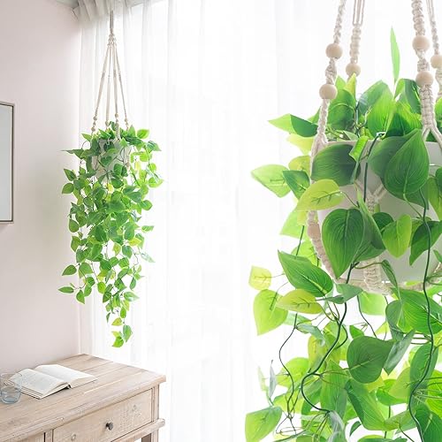 Miniatura 9 de Mkono Paquete de 2 plantas colgantes falsas con macetas y ganchos de techo, plantas artificiales para decoración del hogar, colgador de plantas de