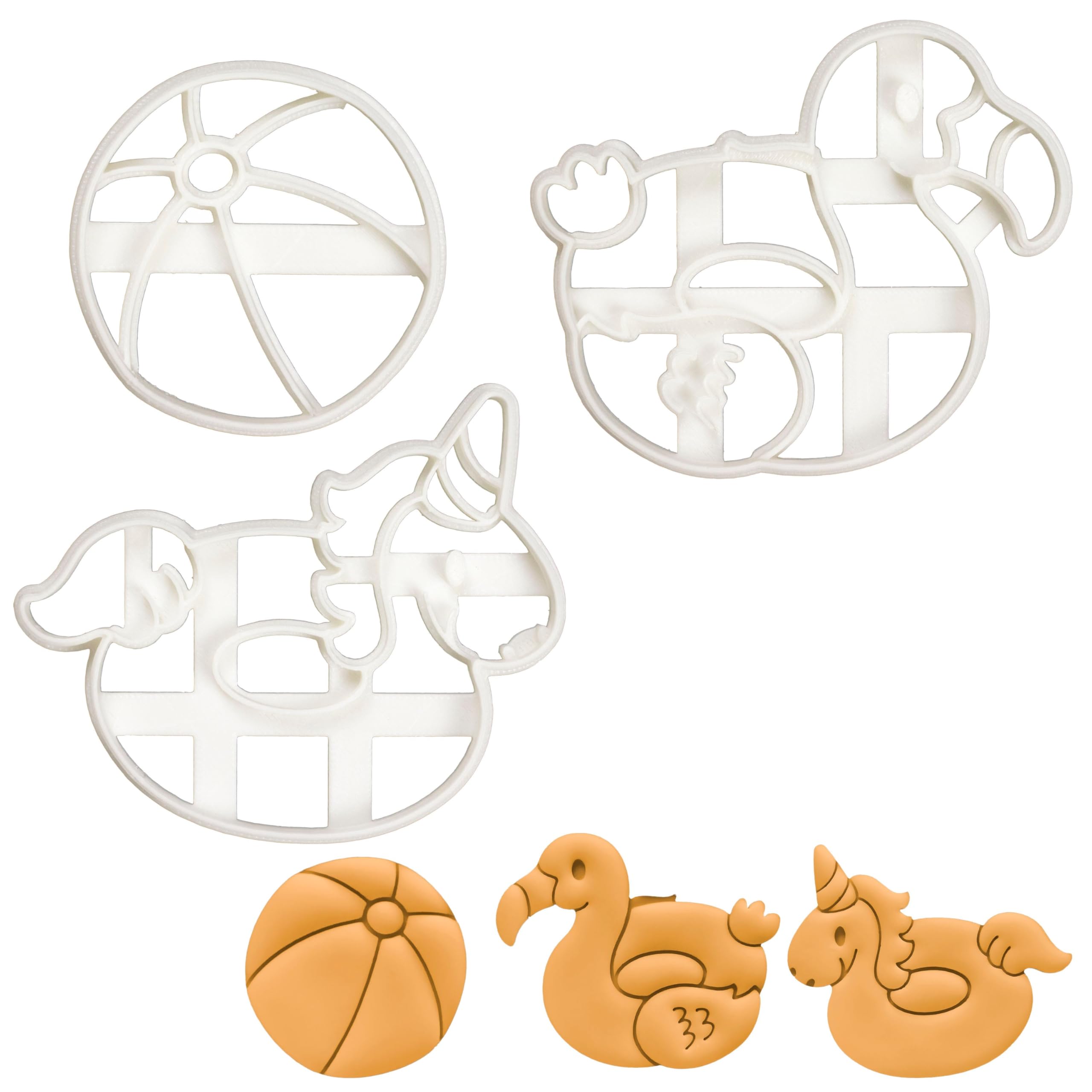 ensemble de 3 emporte-pièces à la piscine (motifs: ballon de plage, flotteur flamant rose et flotteur licorne), 3 pièces