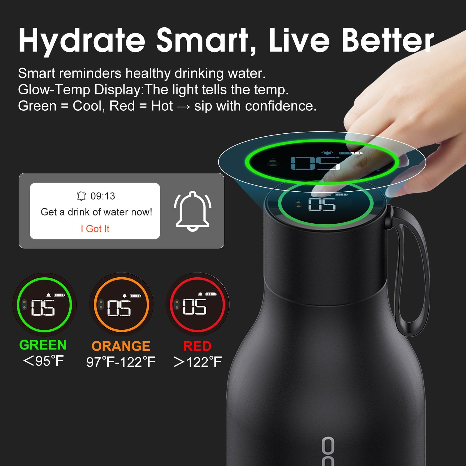 VSITOO 33oz Smart Self-Cleaning Water Bottle，Large Insulated Stainless Steel Bottle with AI Self-Clean, 30-Day Battery & Magnetic Charging for Outdoor Travel, Gym or Office, Black