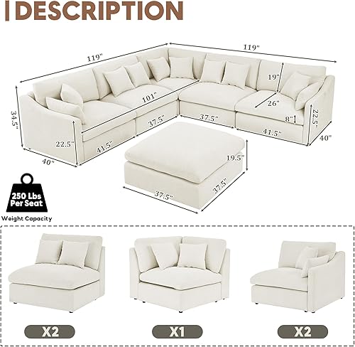 Miniatura 2 de Yoglad Moderno juego de sofá modular de gran tamaño con plumas de plumón, sofá tapizado de felpilla en forma de L con otomana y 10 almohadas para