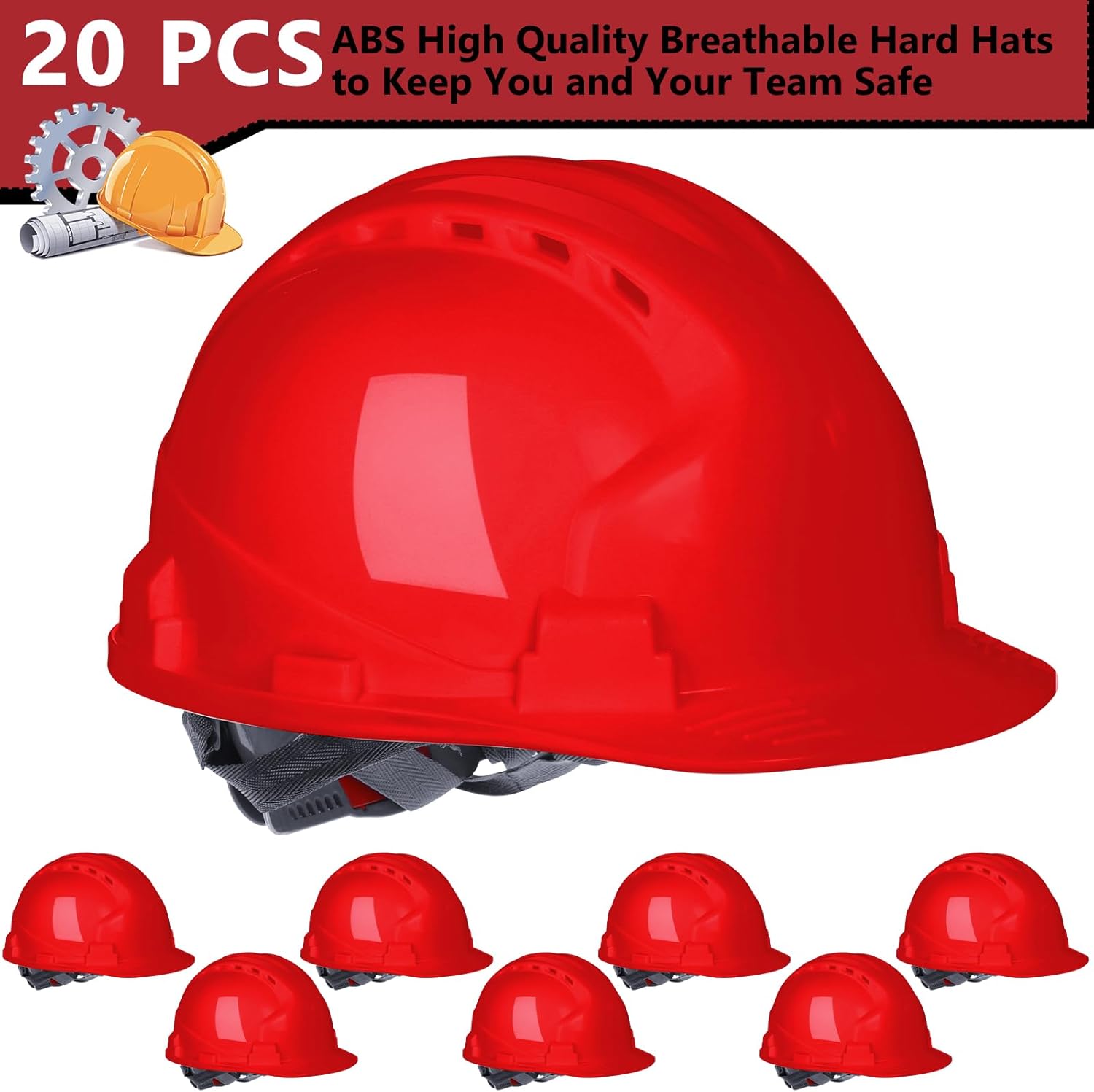 Leumoi 20 Pack 4 Pt. Suspension Hard Hat Bulk Safety Helmets ABS Ratchet Hard Hats Adjustable Construction Hardhats with Vents and Cotton Brow Pad Hard Hats for Men Work Head Protection Red