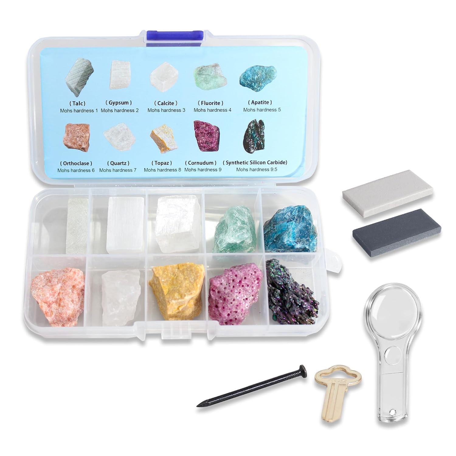 Mohs Hardness Test Kit - Include 10 Rock Mineral Specimens and 2 Unglazed Porcelain Streak Plates, Nail, Copper, Hand Lens for Exploring Identifying Studying Geology and Earth Science