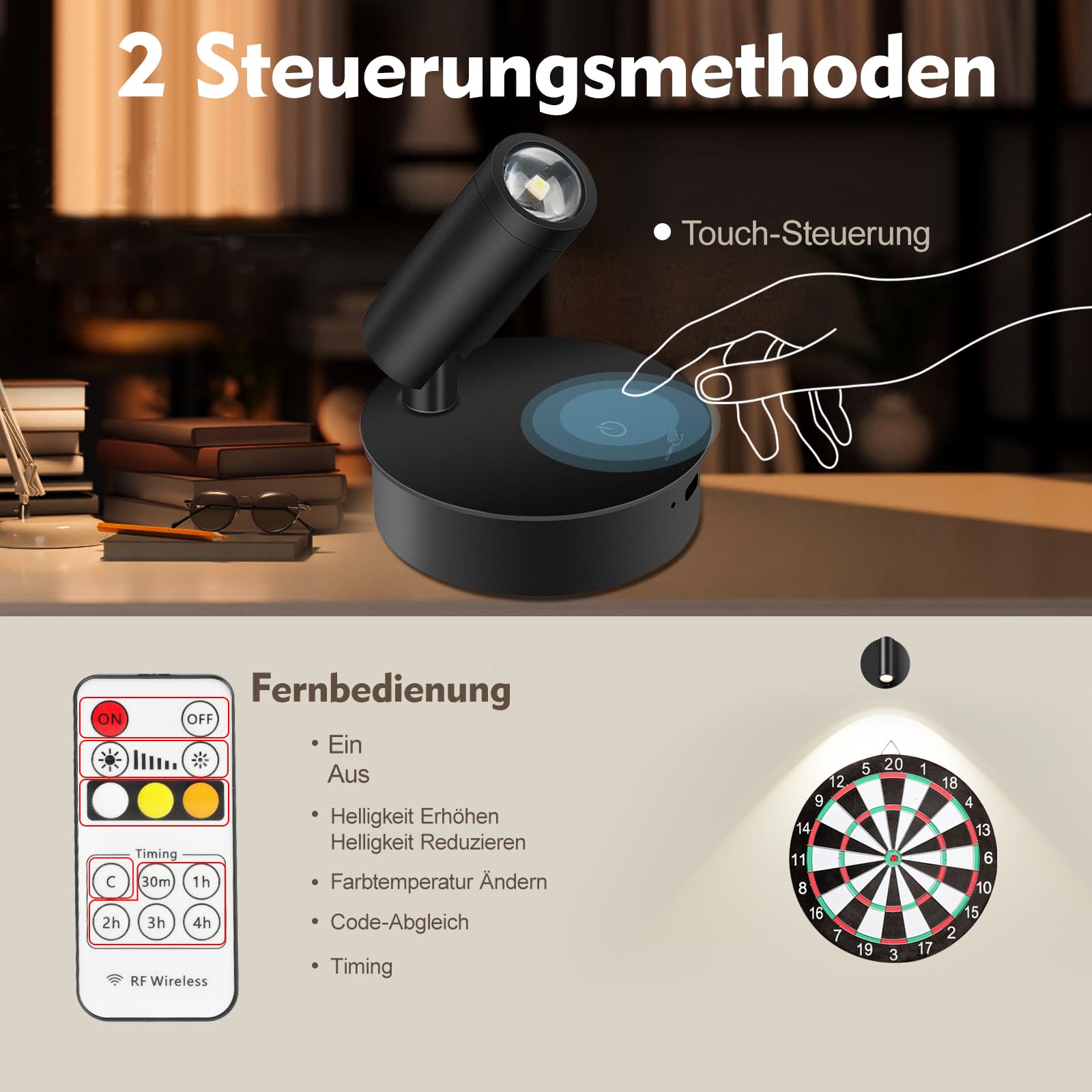 SMY Lighting Lampa ścienna LED do wnętrz, punktowa bezprzewodowa z akumulatorem, 3 temperatury barwowe, funkcja timera, dotykowa i pilot zdalnego sterowania, możliwość ściemniania, reflektor do