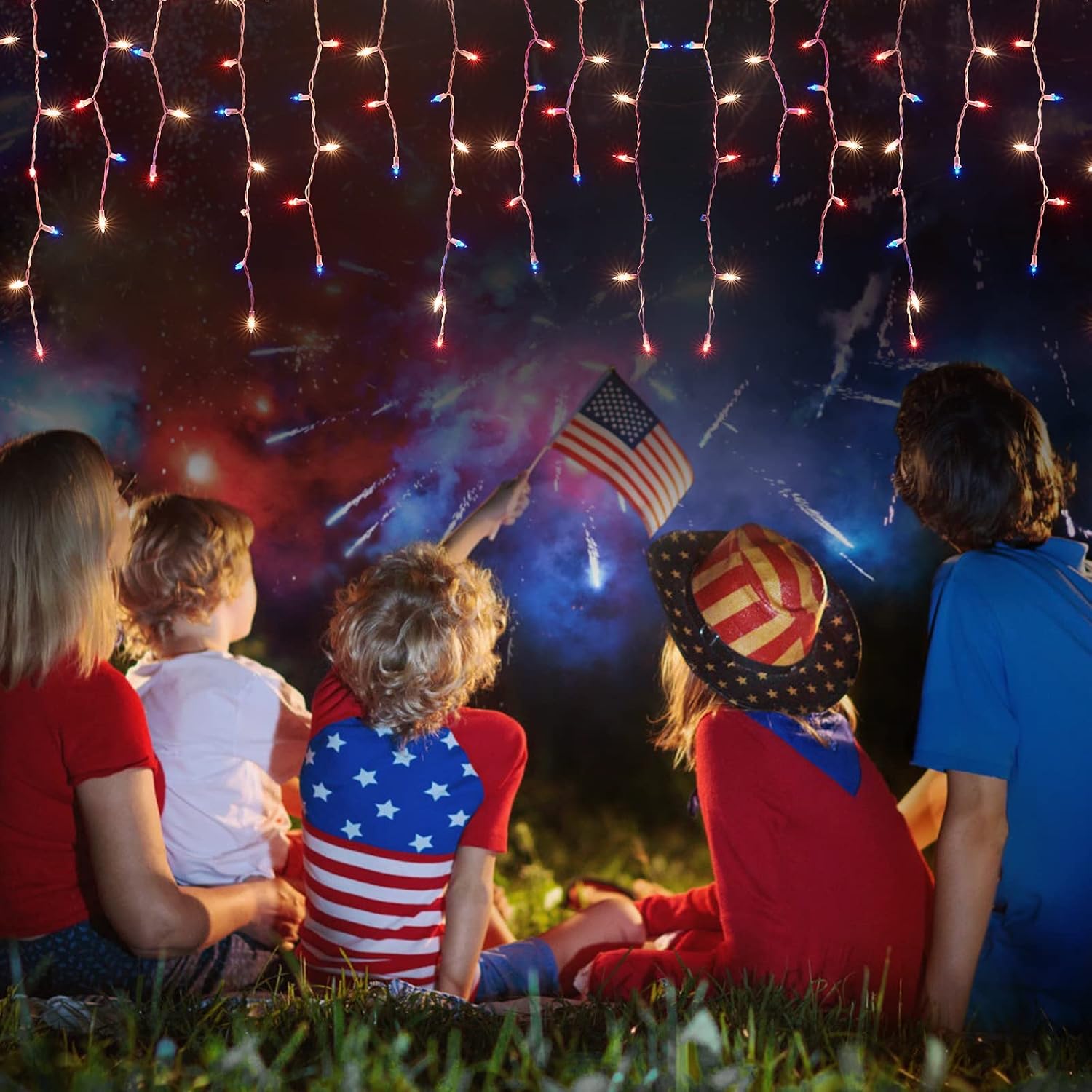 4th of July Decor Icicle Lights, 10.8ft Patriotic String Lights, Red White Blue Lights for Independence Day, Plug in White Wire Waterproof Decorative Lights Outdoor Indoor, Connectable to 3 Sets