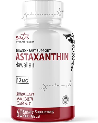 Nature's Fusions Nutri Astaxantina 12mg Max Strength - Suplementos premium cultivados en Hawái - Potente antioxidante, promueve la salud cardíaca y
