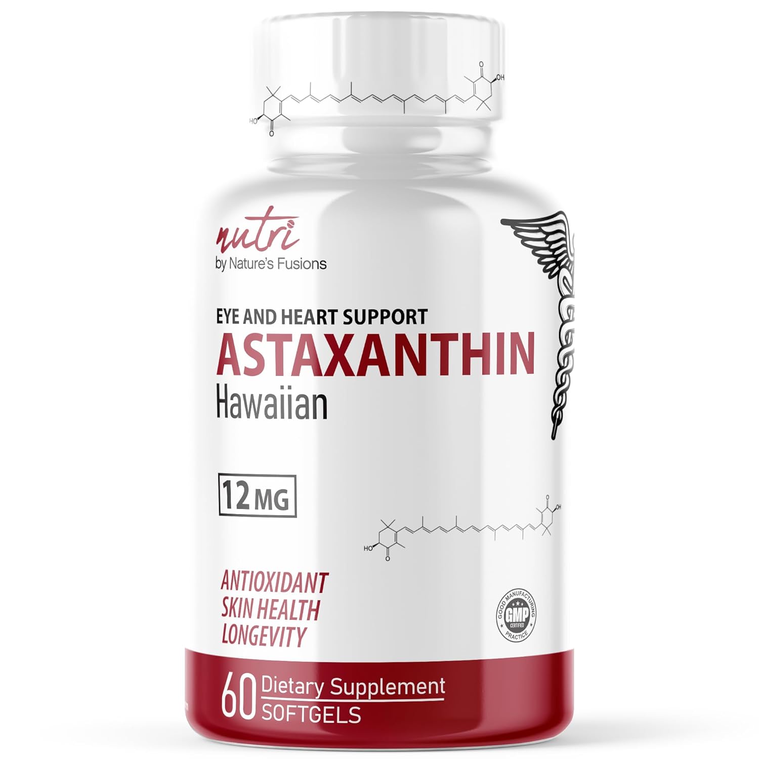 Nature's Fusions Astaxantina 12mg - Suplemento Antioxidante Premium do Havai para Saúde do Coração e Olhos - 60 Cápsulas Macias de Rápida Absorção