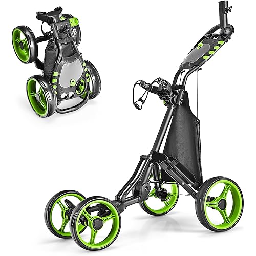 ULTIMATE 4 Wheel Golf Push Cart, Lightweight Folding Golf Trolley Roller w/Scorecard/Cup/Umbrella/Golf Bag Holder & Cooler Bag, Upper Bracket w/Elastic Strap, Foot Brake & Adjustable Handle