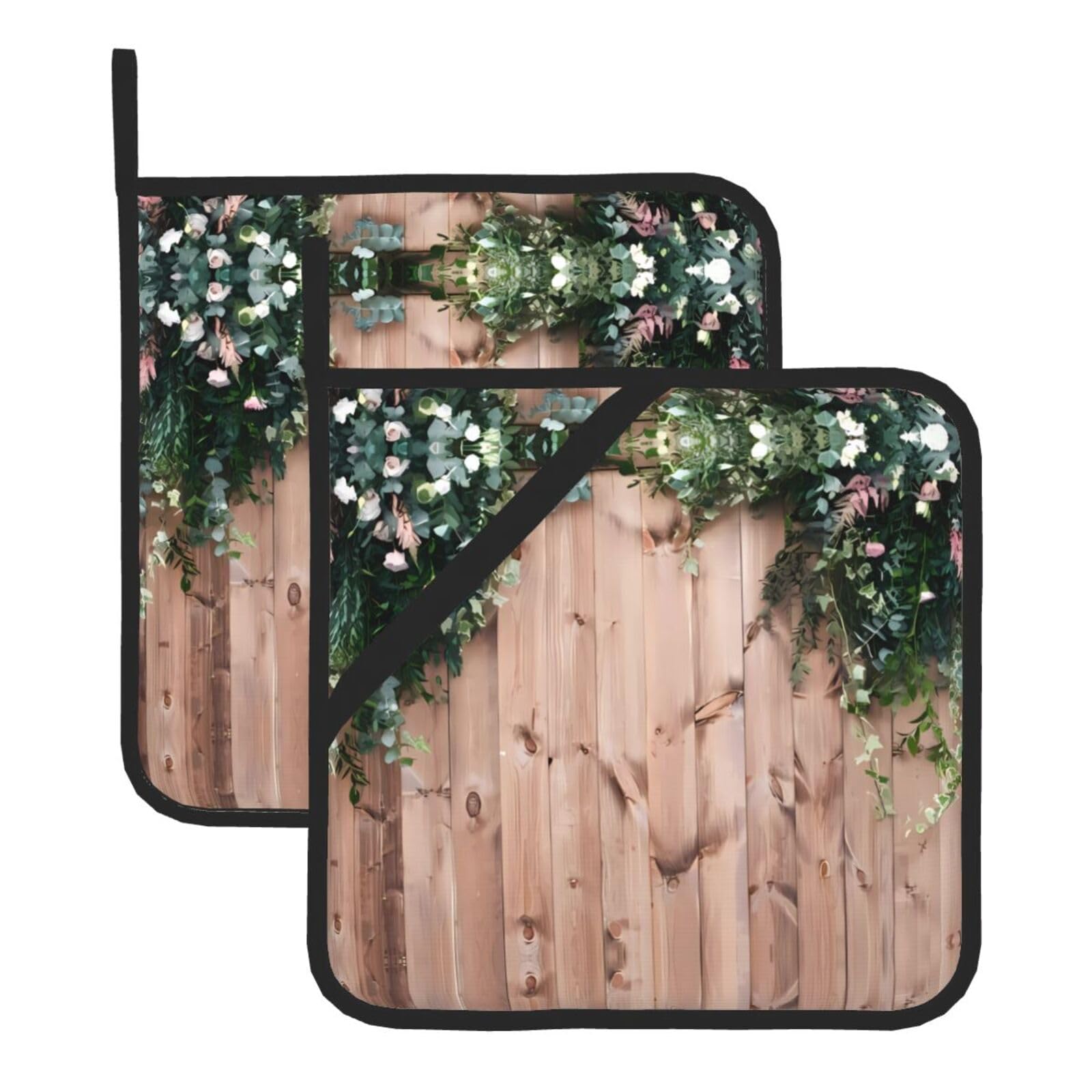 WHJSHOP Leaves Floral on Rustic Wood Prints Square Hot Pads for Kitchen Counter - Thick Heat Resistant Trivets for Microwave & Oven, BBQ Grilling Cover (2 Pack)