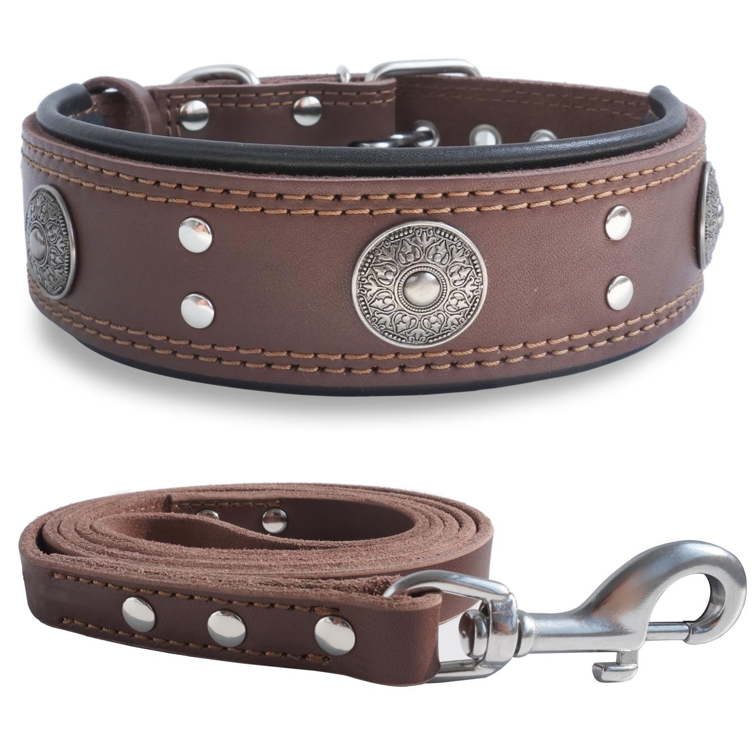 PP COLOR Genuine Leather Dog Collar and Leash Set, 2 inches Wide Collar and 5 ft Leash, Stainless Steel Hardware, Handmade, Soft, and Luxurious, Best Choice for Large and Medium Dogs 22.5-26.5 inches