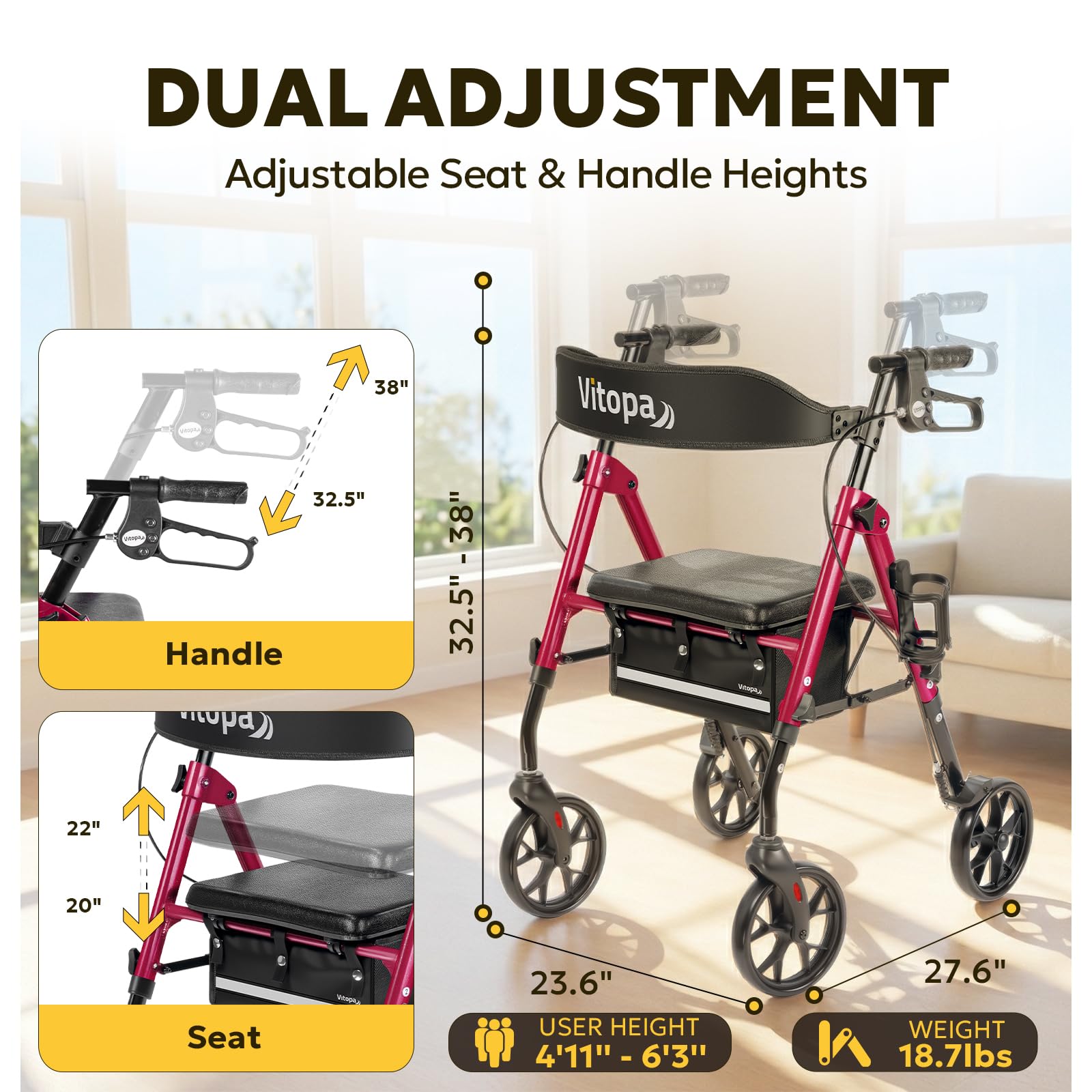 Vitopa Rollator Walker - Ultra Stable & Foldable -6
