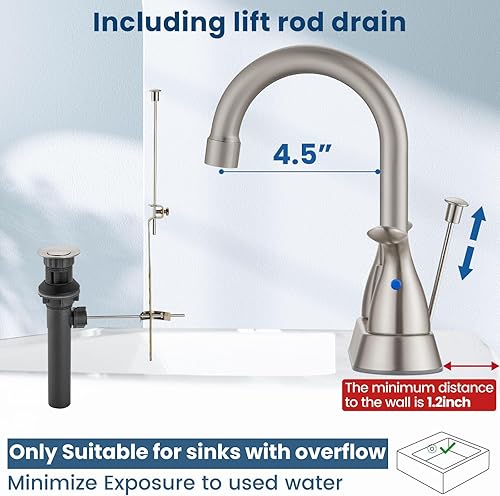 Miniatura 4 de Airuida Grifo de baño de níquel cepillado de 4 pulgadas, juego central de lavabo para caravana, grifo de lavabo de baño con varilla de elevación,