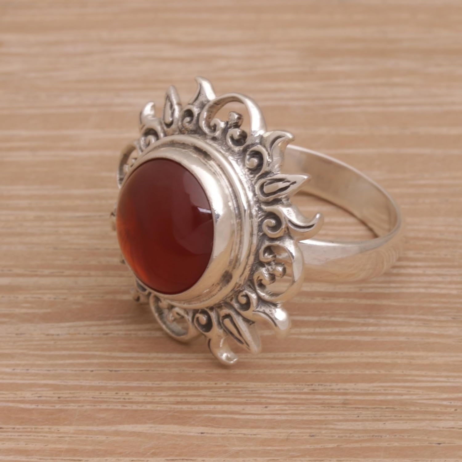NOVICA Artisan Handmade Carnelian Cocktail Ring Sun Themed .925 Sterling Silver Red Indonesia Birthstone 'Light Of The Universe' - Image 2