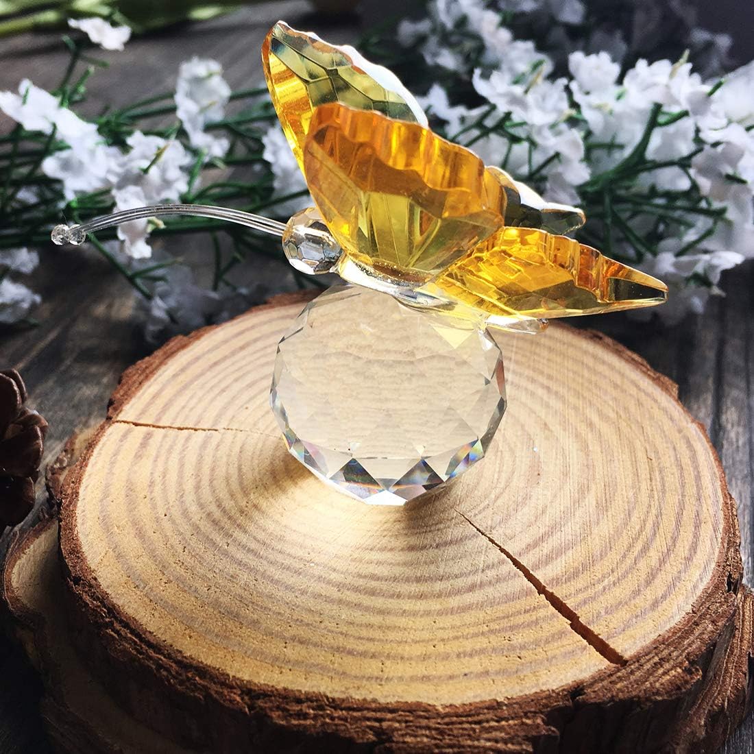 H&D Crystal Flying Butterfly with Crystal Ball Base Figurine Collection Cut Glass Ornament Statue Animal Collectible (Yellow) - Image 3